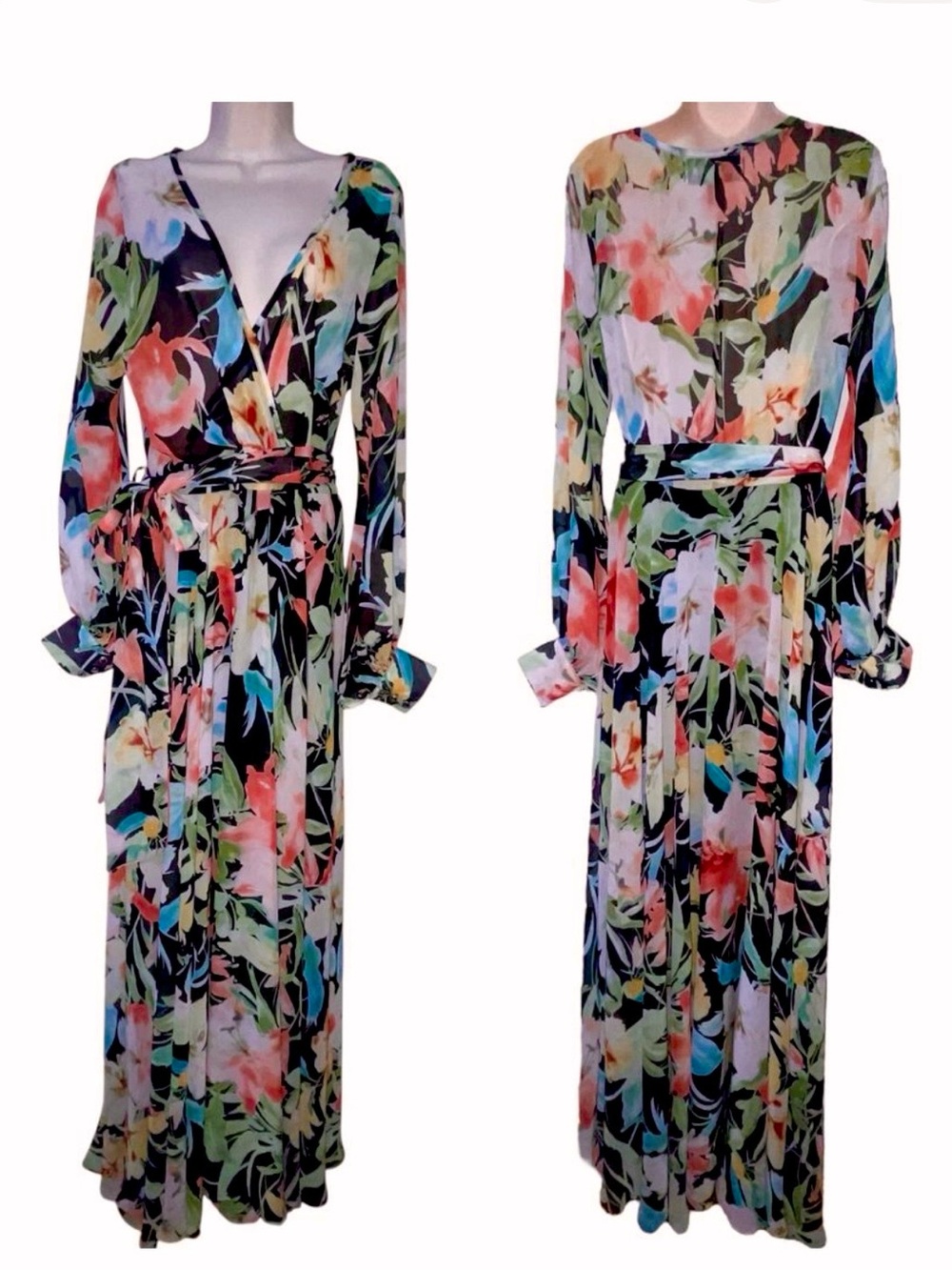 Meghan LA LilyPad floral sheer flowy elegant Maxi Dress, Size Small/ Medium